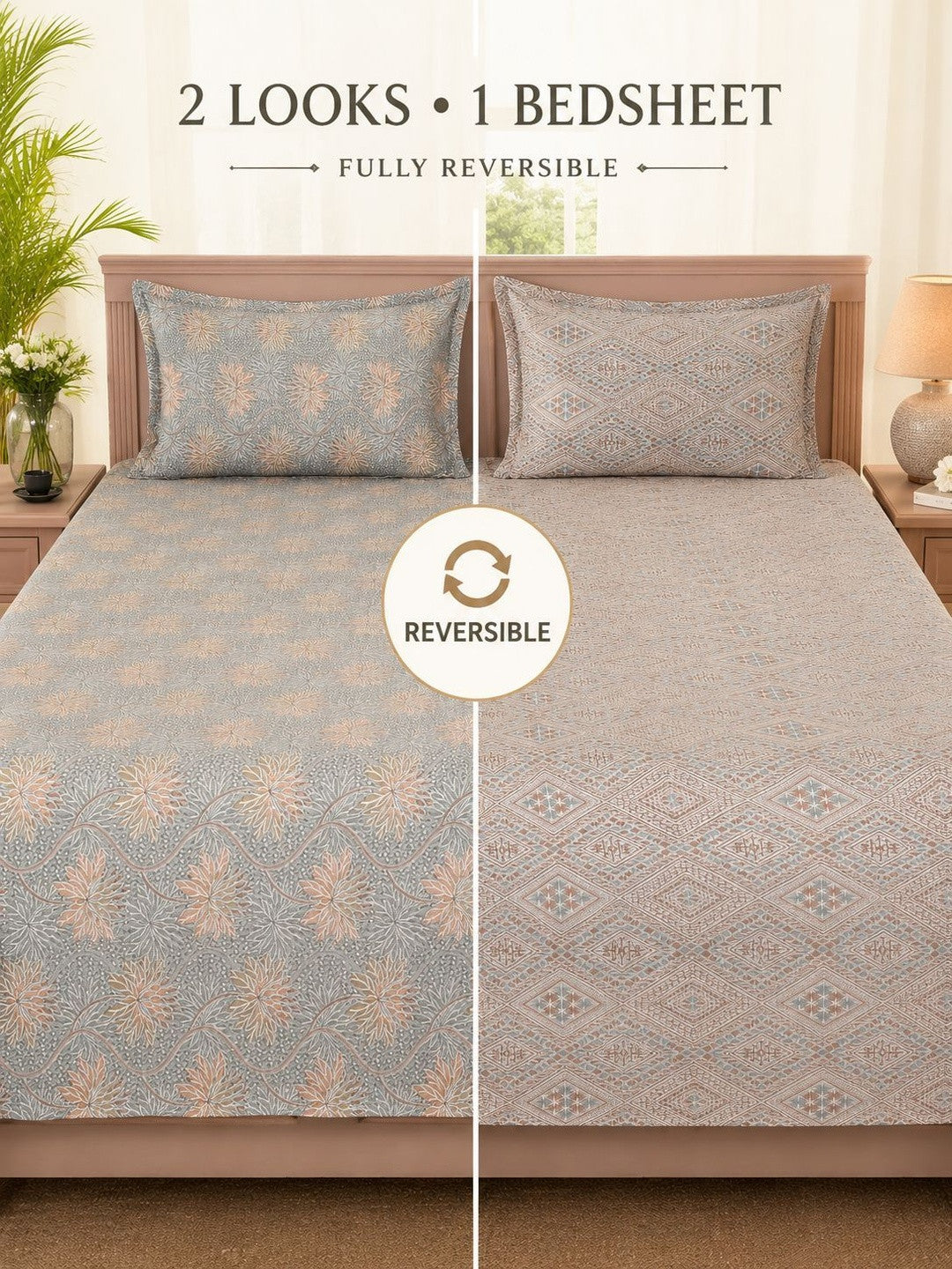 Grey & beige floral king bedsheet